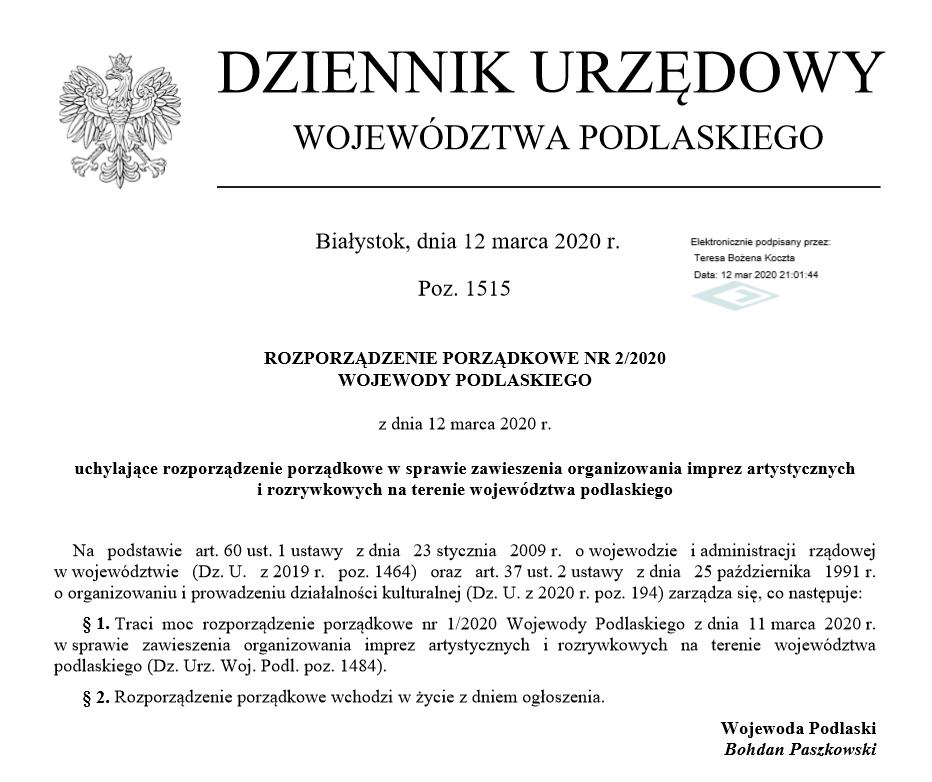 Zdjęcie do wiadomości Zarządzenie w spr. zawieszenia organizowania imprez artyst. i rozrywkowych na ter. woj. podlaskiego